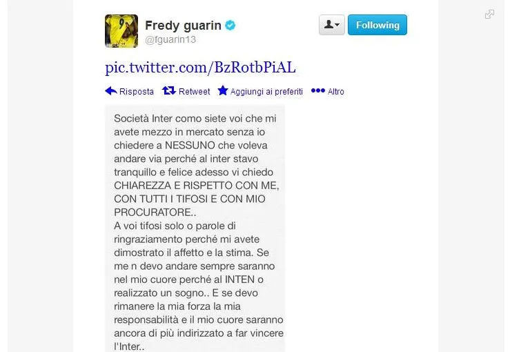 Amarezza Guarin, ecco il tweet contro l’Inter (foto)